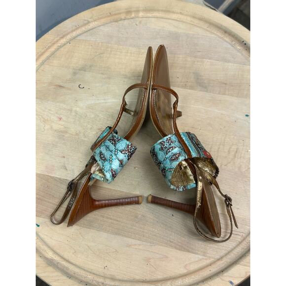 Nine West Strappy Heel Stacked Heel Womens‎ 9M Brown Floral Retro - Picture 7 of 8